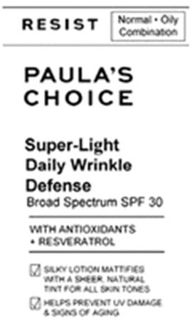 RESIST Normal · Oily Combination PAULA'S CHOICE Super-Light Daily Wrinkle Defense Broad Spectrum SPF 30 WITH ANTIOXIDANTS + RESVERATROL SILKY LOTION MATTIFIES WITH A SHEER, NATURAL TINT FOR ALL SKIN TONES HELPS PREVENT UV DAMAGE & SIGNS OF AGING trademark